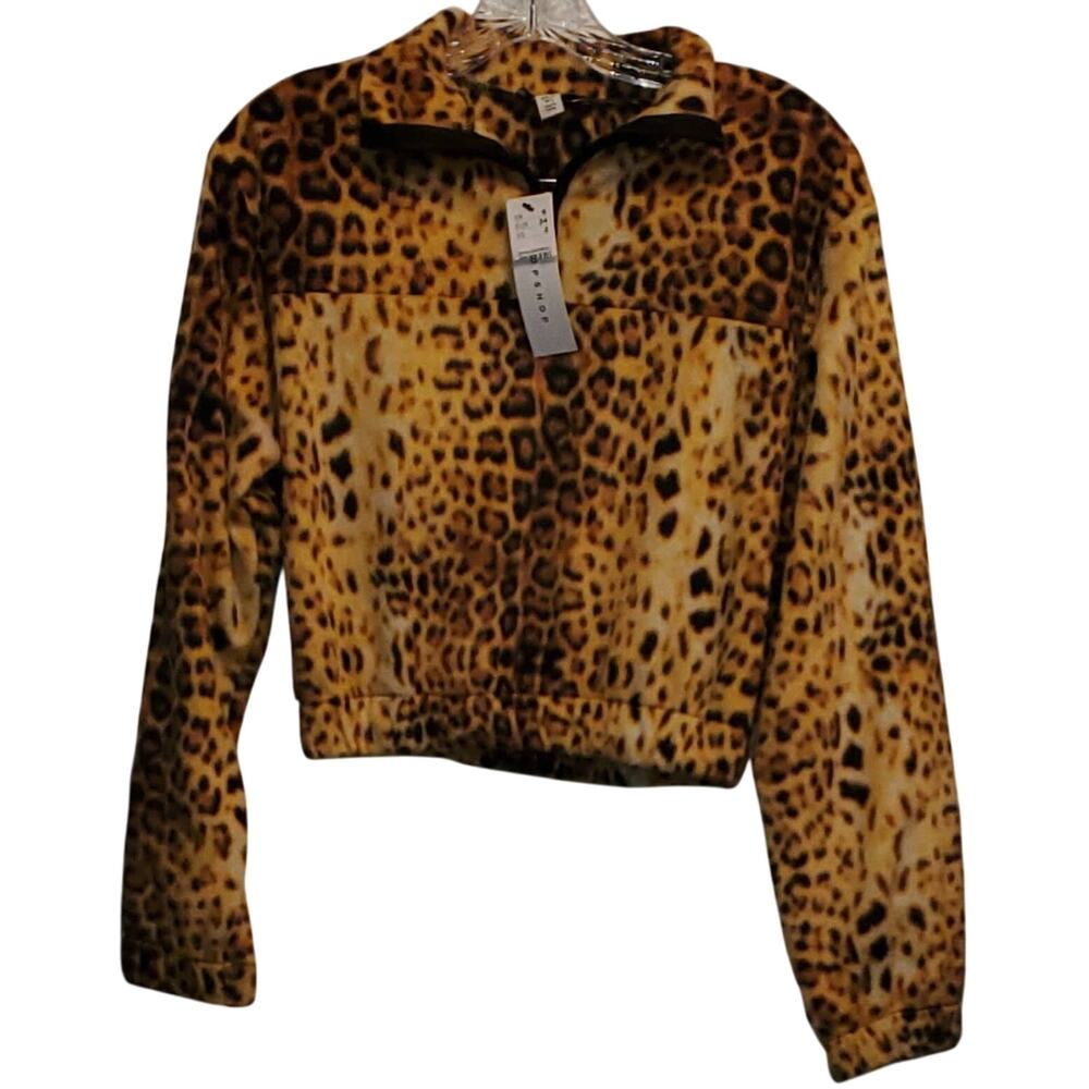 Topshop Leopard Print Cropped Fleece Pull Over Elastic Waist 1/4 Zip size 2